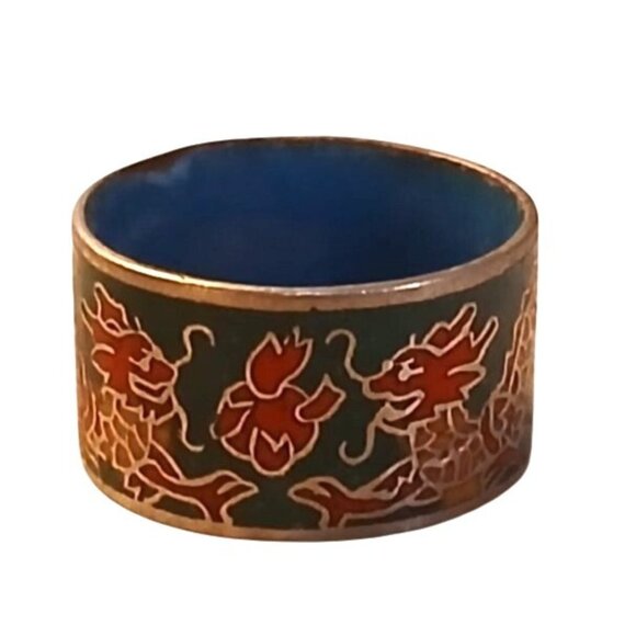 Unique Vintage Jewelry - Vintage Cloisonné Enamel Dragon Ring 7.5 Multi Japan Art Jewelry Red Green Meiji